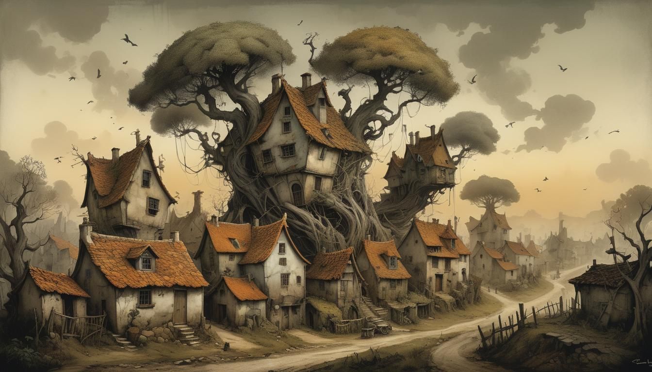 Village Scene with Distressed Trees and Foliage in a Whimsic...