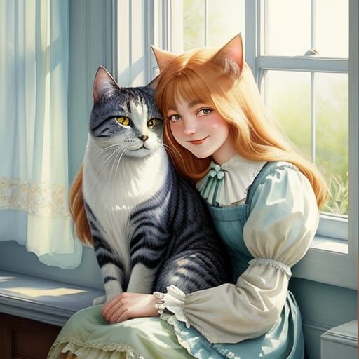 Alice and Smiling Cat: Watercolor Fantasy Illustration