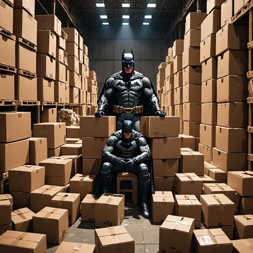 Batman in Warehouse Full of Cardboard Boxes