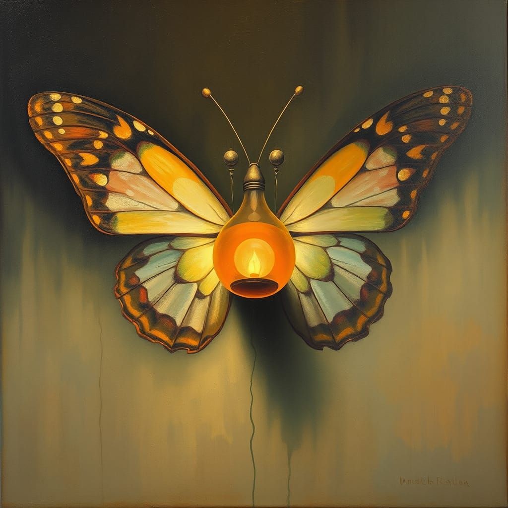 Surreal Lamp Inside Butterfly: Oil on Canvas