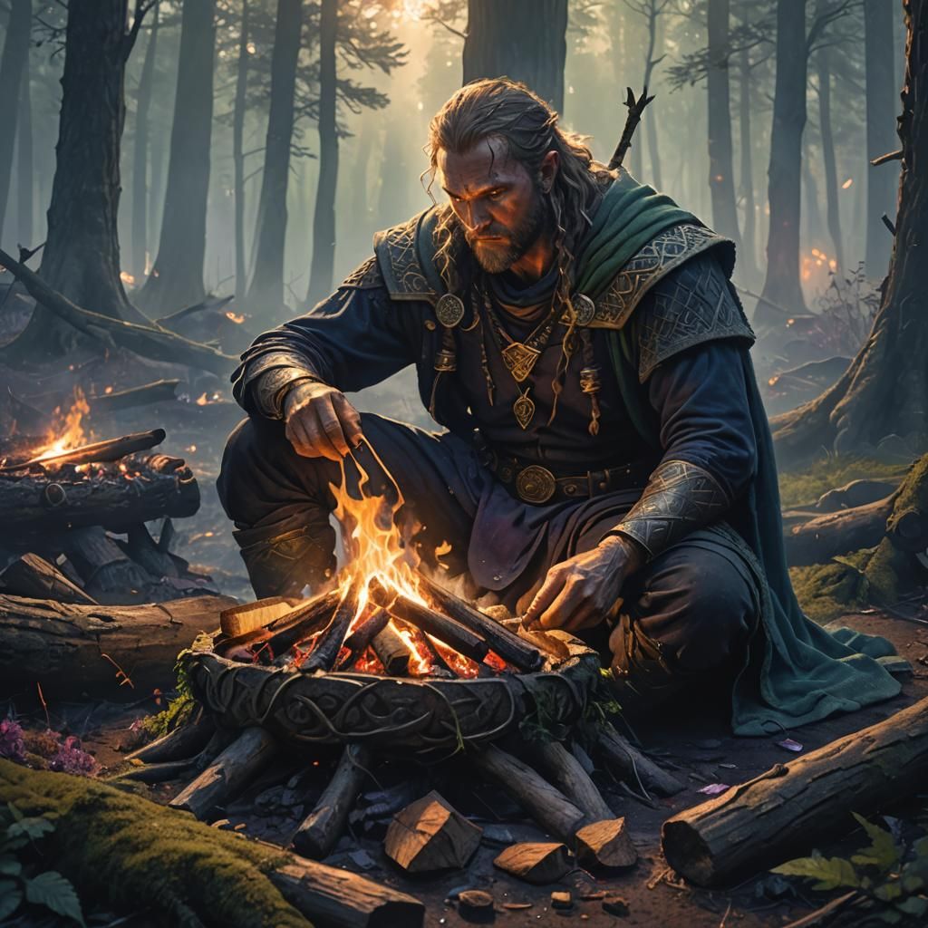 Celtic Warrior Campfire in Misty Dark Fantasy Forest