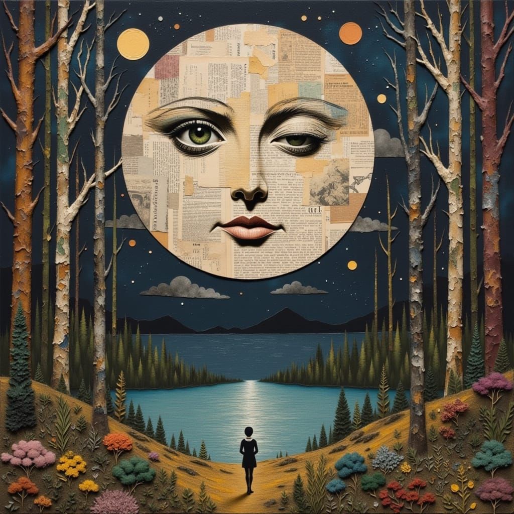 Giant Moon Over Dark Forest: Mixed-Media Collage