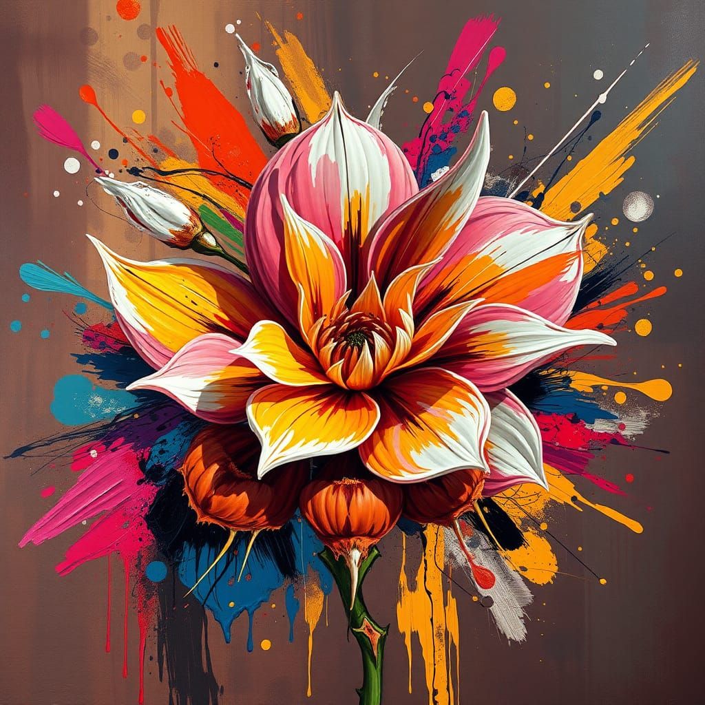 Abstract Flower in Cubist Style with Splashing Paint