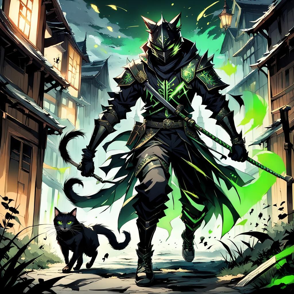 Anime Knight with Cat Ears Fighting Dragon