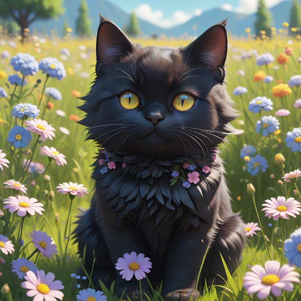 Fluffy Black Cat in Flower Field: 3D Anime Art