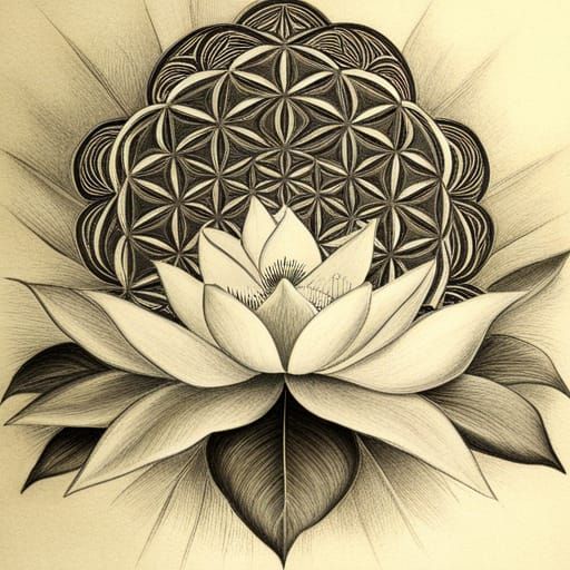 Hyperdetailed Charcoal Drawing: Flower of Life and Lotus