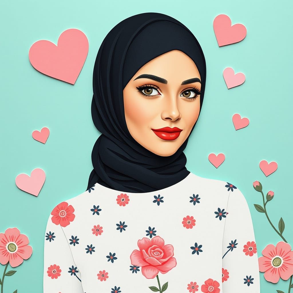 Whimsical Paper Collage Portrait of a Curvy Hijabi Woman