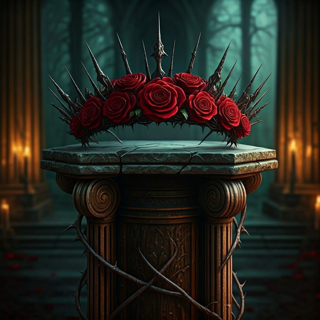 Regal Crown of Dark Roses and Poisoned Thorns in a Ruined Te...