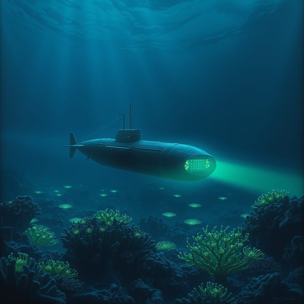 Submarine Glides Through Bioluminescent Alien Ocean as Matte...