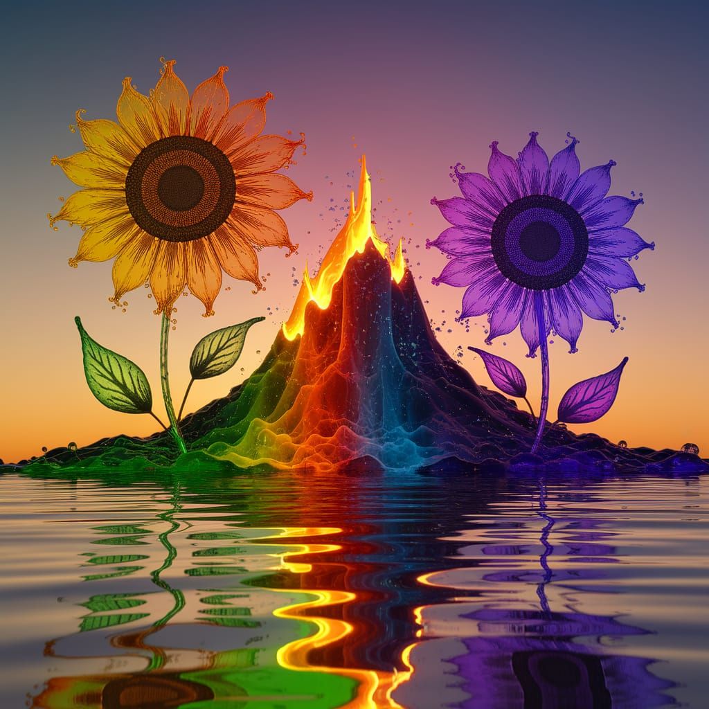 Epic Fantasy Sunflowers of Fluid Water Over Lava Mountain