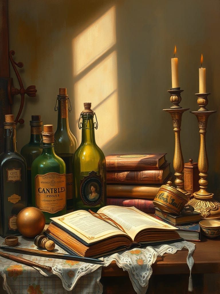 Whimsical Still Life of Antique Treasures in Warm, Golden Li...