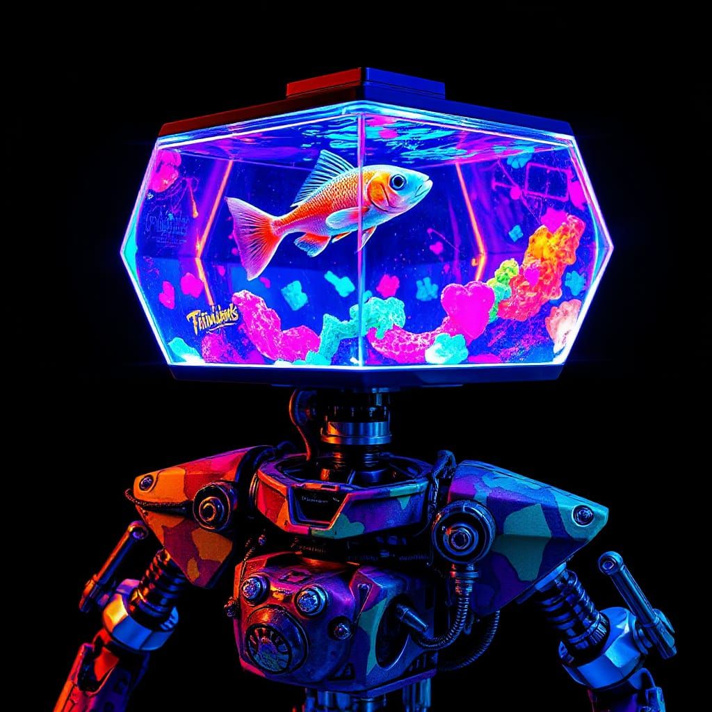 Neon Robot Covered in Graffiti with Crystal Aquarium Head