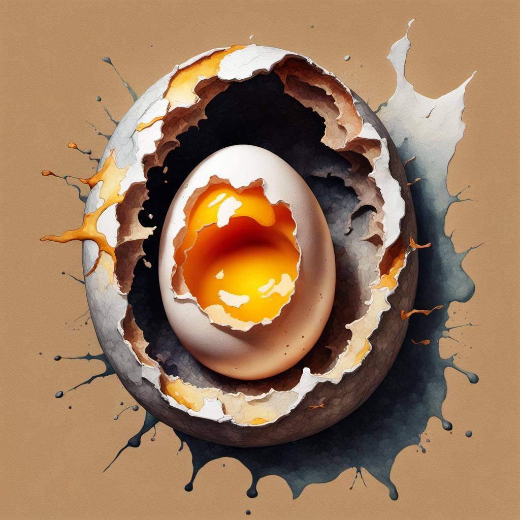Grotesque Cracked Egg: Watercolor Impressionist Masterpiece