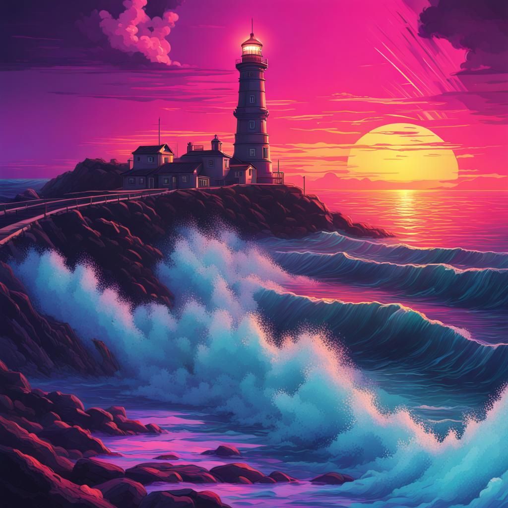 Synthwave Lighthouse at Sunset in Chiaroscuro