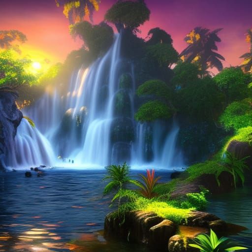 Tropical Waterfall Sunset: Detailed Fantasy Art