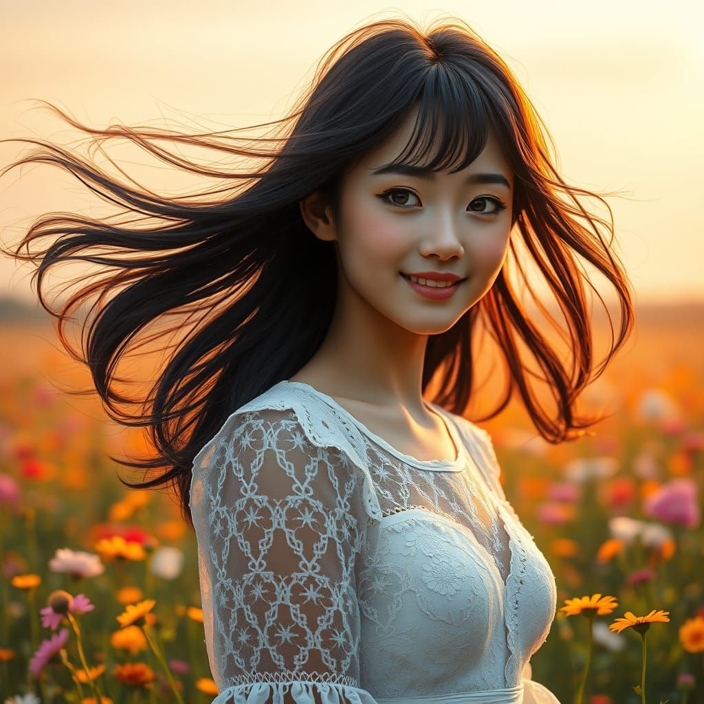 Hyper-Realistic Japanese Woman in Wildflower Field at Dawn