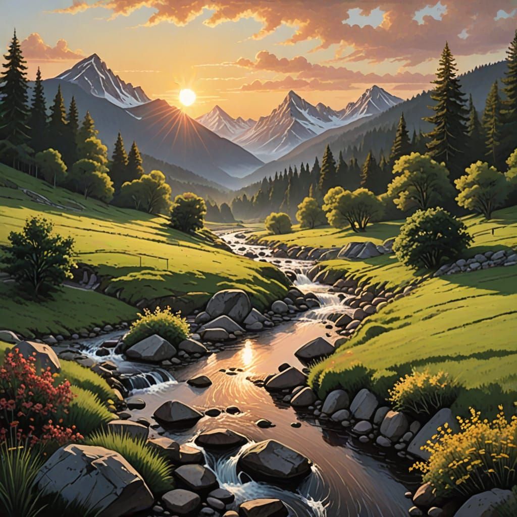 Bob Ross Mountain Valley Scene with the sun coming up in the distance, and a brook running through the center of the sce...