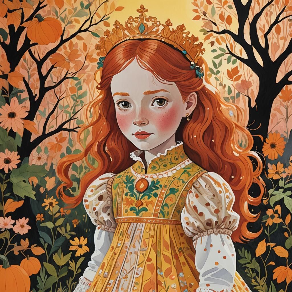 Redhead Girl in Princess Costume: Folk Art Gouache