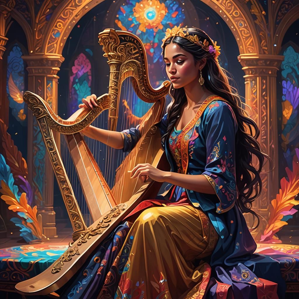 Eloquent Harpist in Colorful Twilight: 8k Portrait