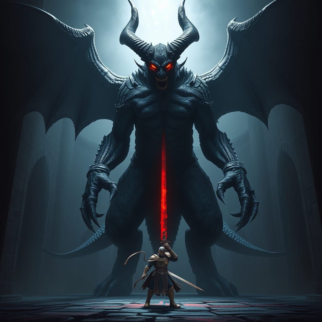 Towering Demon in Gothic Setting Confronts Warrior