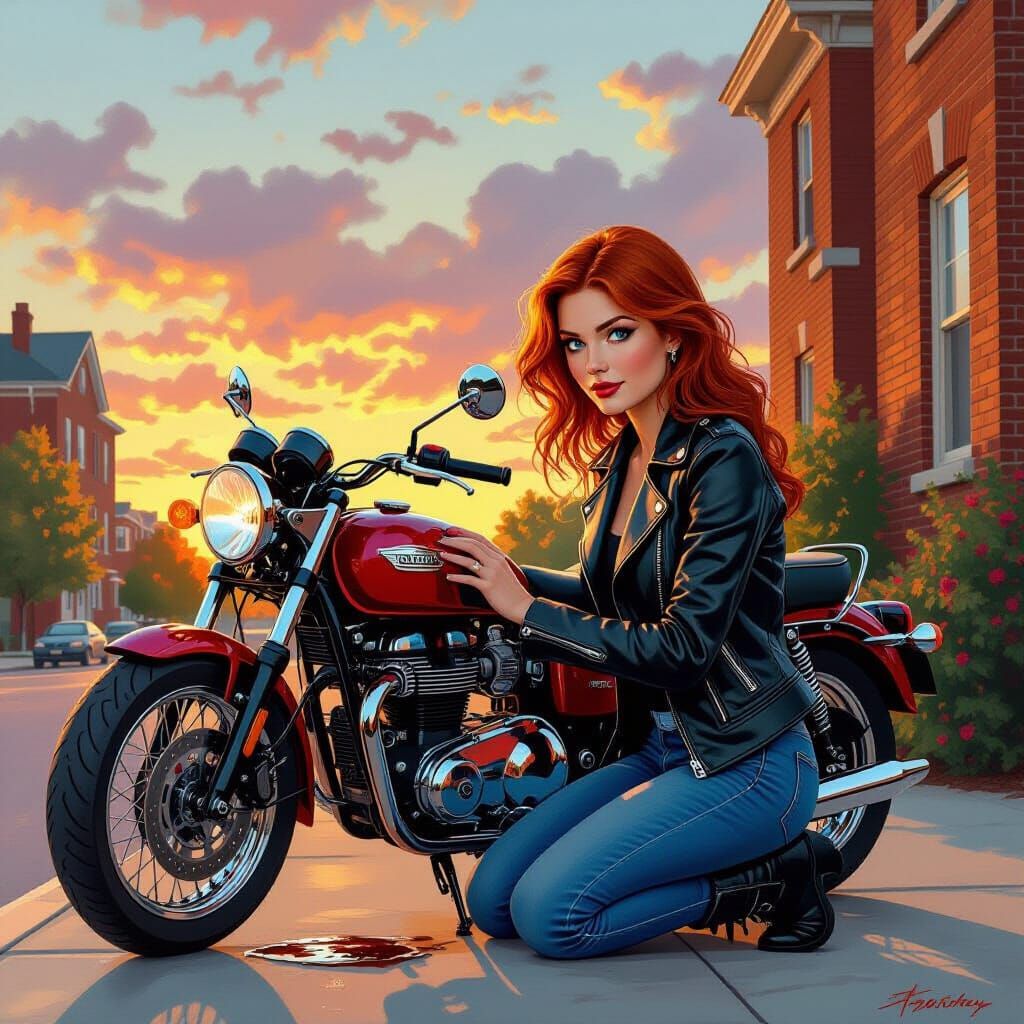 Redhead Mechanic with Triumph Motorcycle Painting