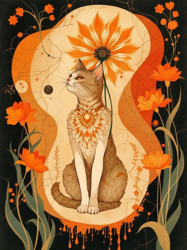 Mystical Dreamscape with Golden Cat and Sunflower Crown