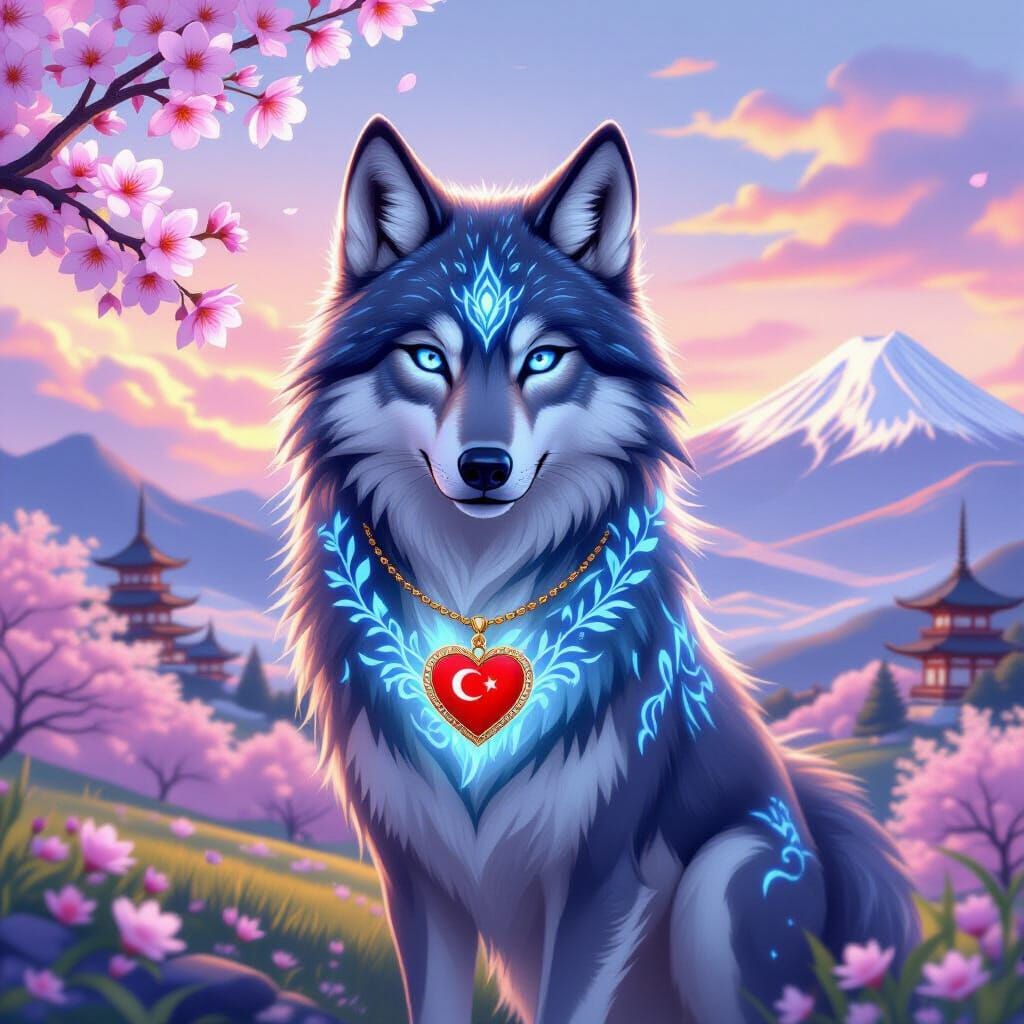 Majestic Wolf with Glowing Markings in Spring Landscape