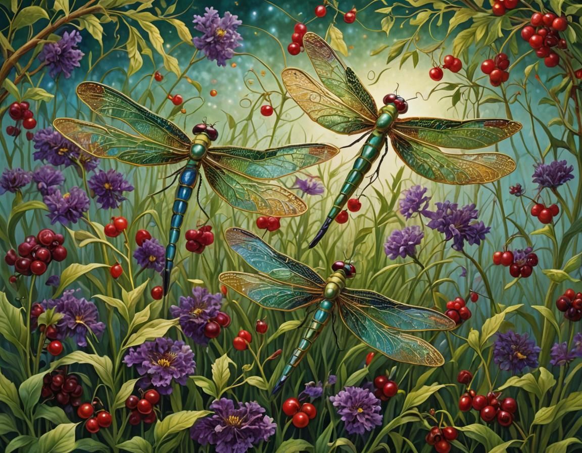 Golden Dragonflies Soaring Over Cherry Tree, Romantic Gouach...