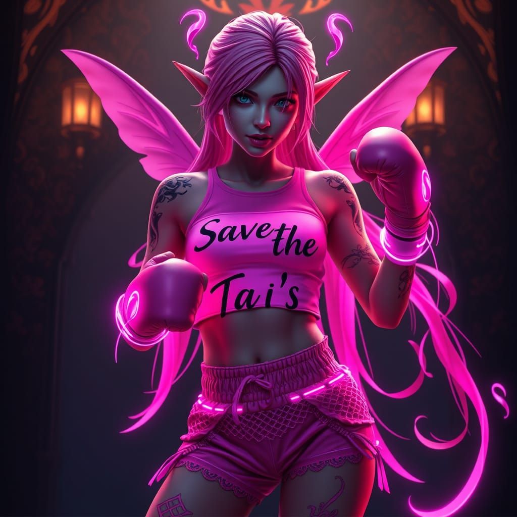 Ethereal Pink-Haired Elf with Bioluminescent Boxing Gear