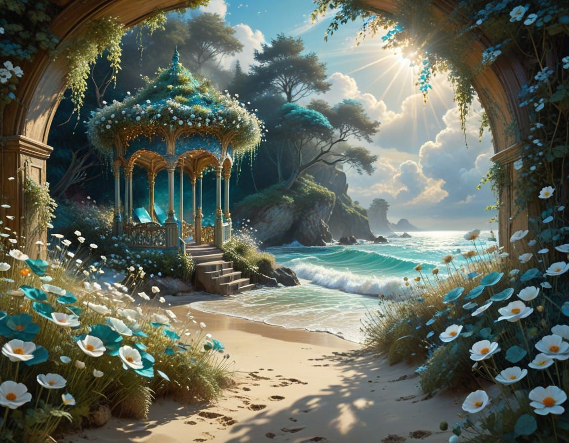 Ethereal Beach Portal with Painted Carousel and Forest