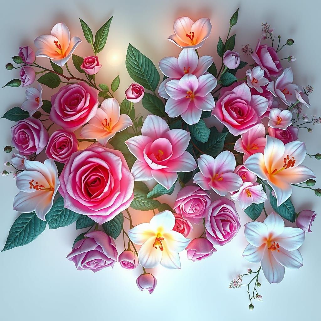 A stunning 3D render on a white background, featuring a lush and ethereal floral scene. The depth and vivid saturation g...