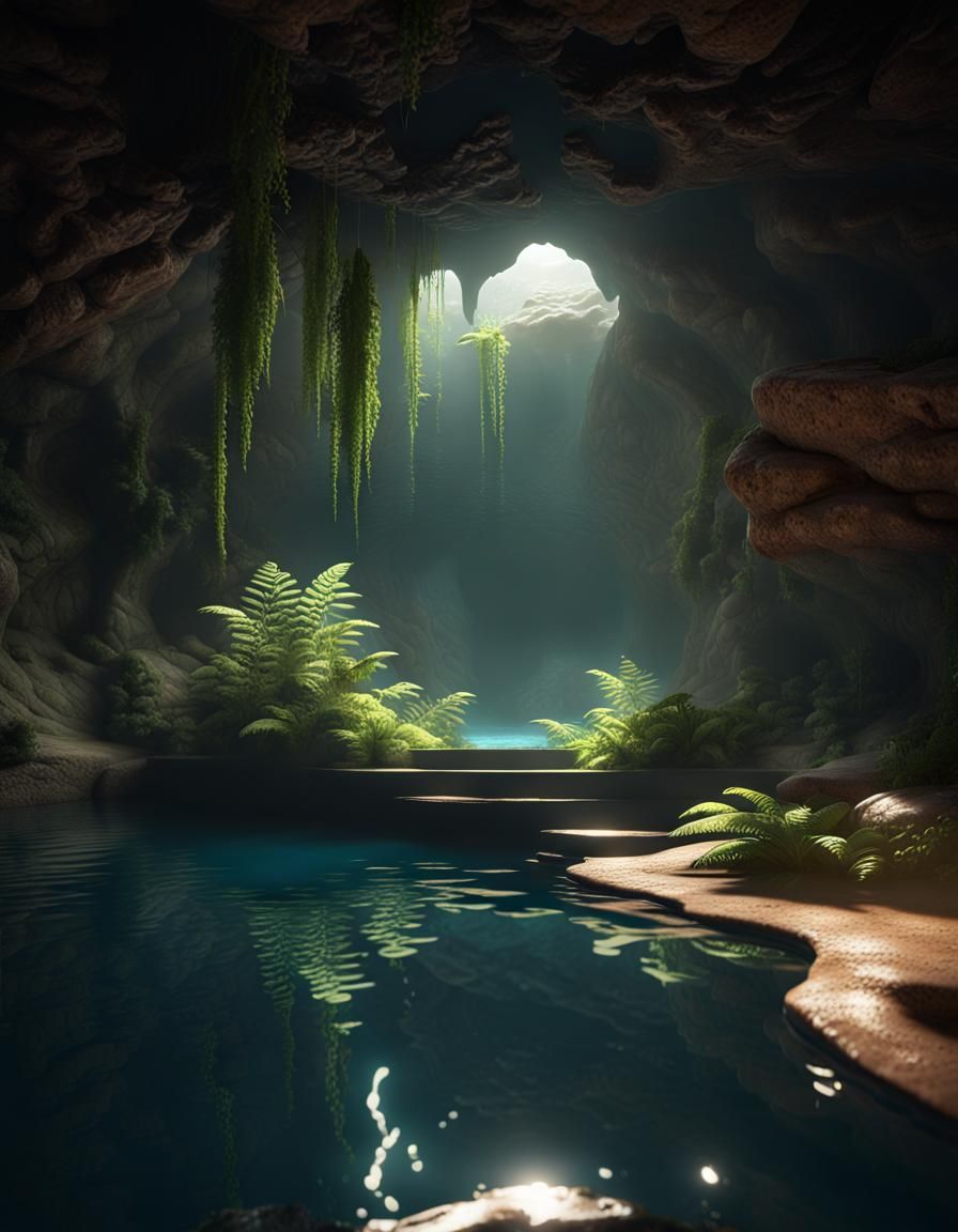 A deep luminescent pool of water in a cave, that is beautifully lit from a hole above.