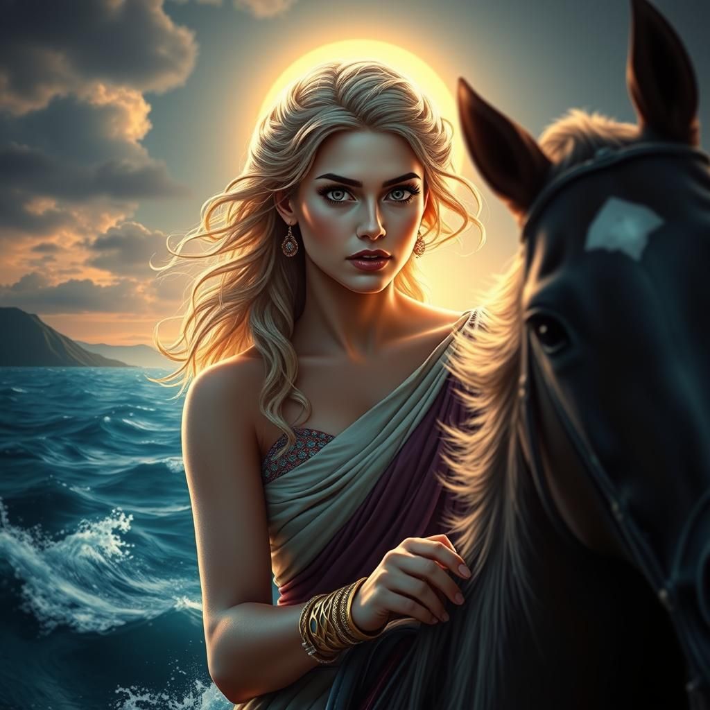 Greek Sun Princess on Horseback, Fantasy Art