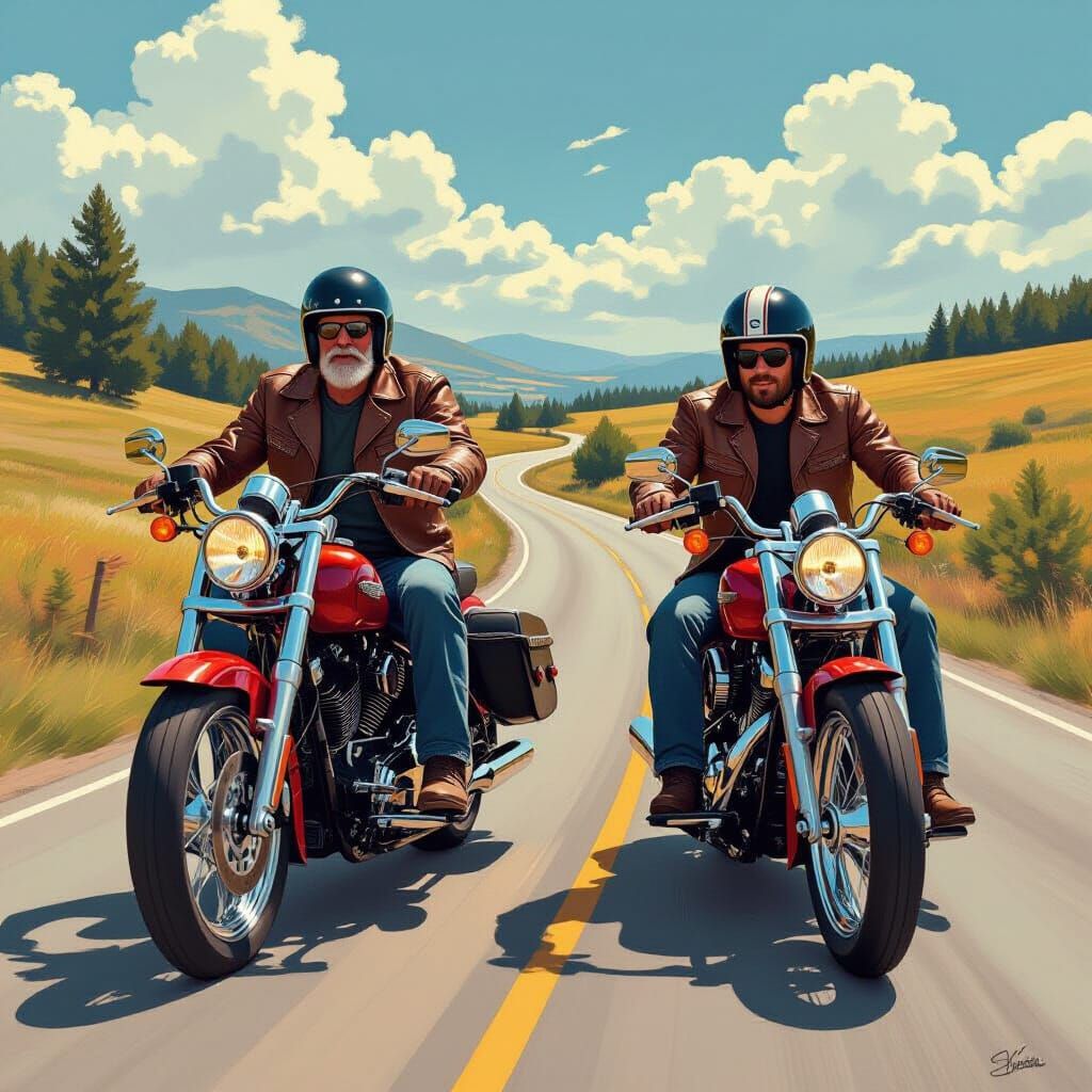 Father and Son Ride Harley Davidsons in Hyperrealistic Style