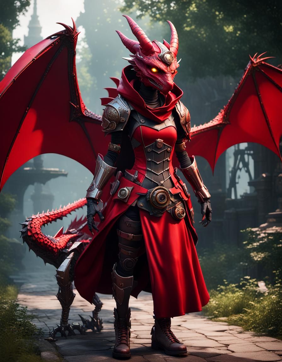 Cybernetic Red Riding Hood with Winged Dragon in Steampunk S...