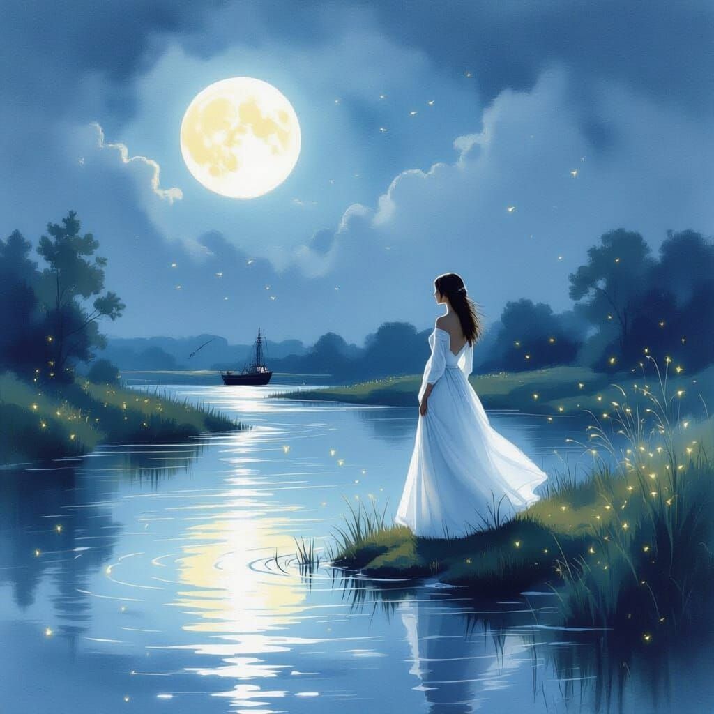 Moonlit Serene River with Woman in Impressionist Watercolor ...