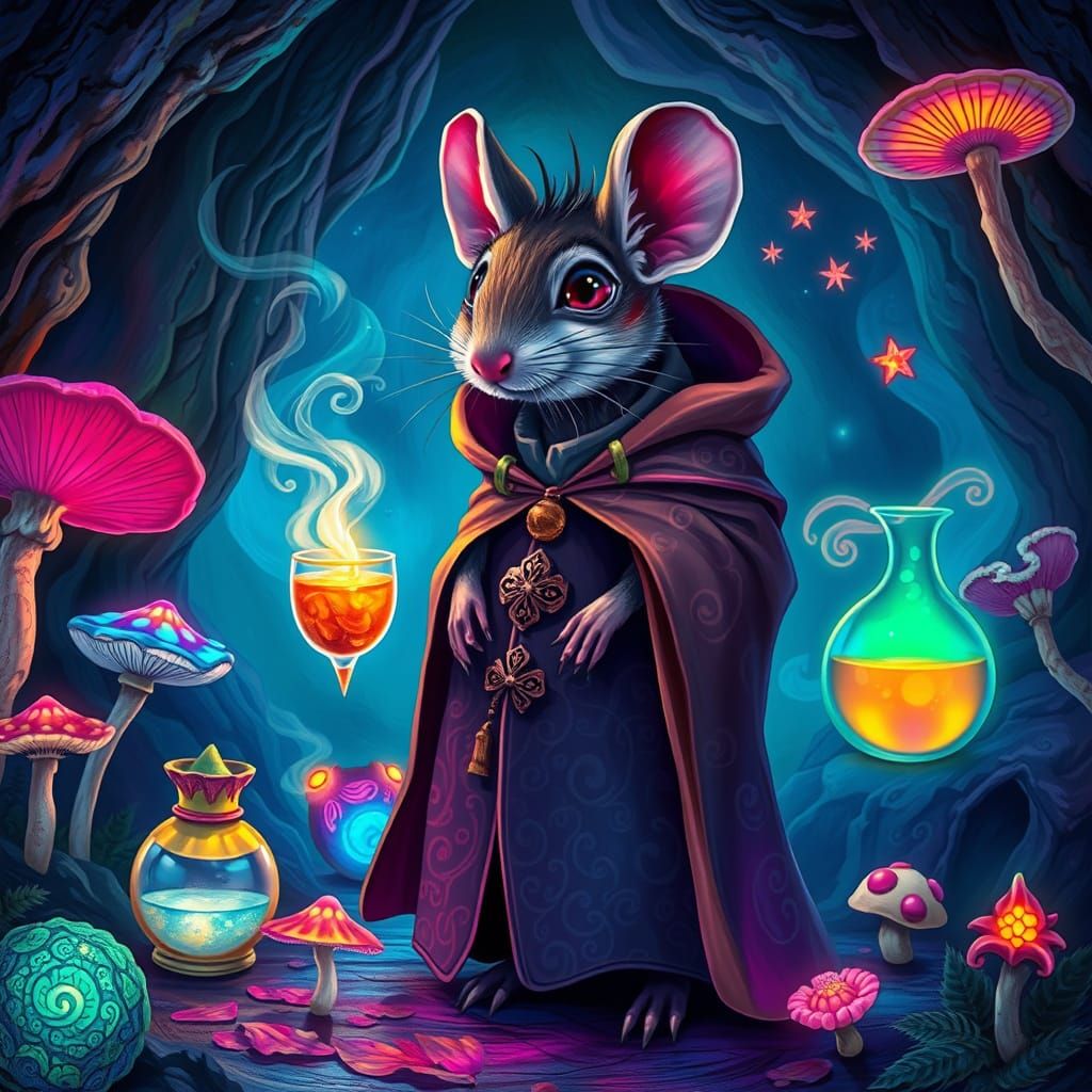 Mystical Mouse Alchemist in a Bioluminescent Cavern