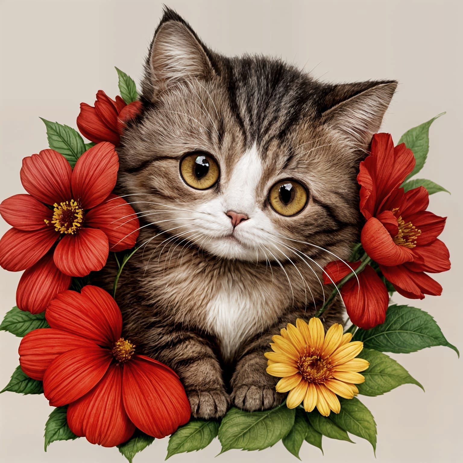 Minimalist Drawing of a Whimsical Cat with Flower