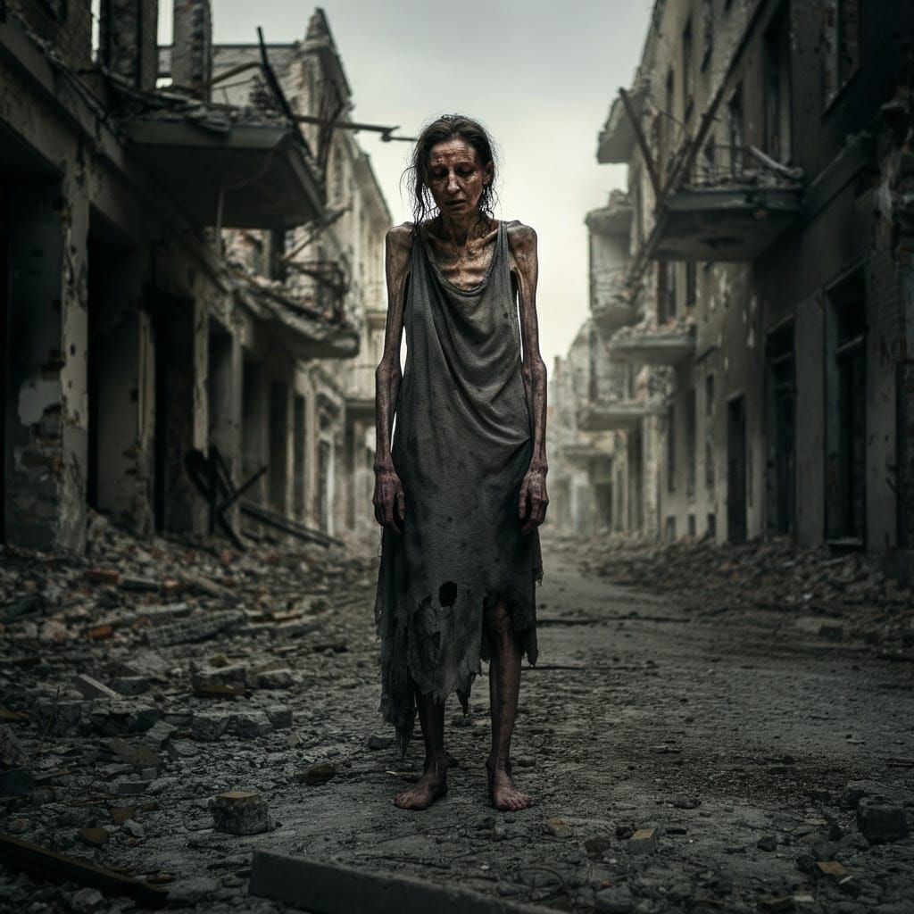 War-Torn Woman on Brink of Death in Devastated Cityscape