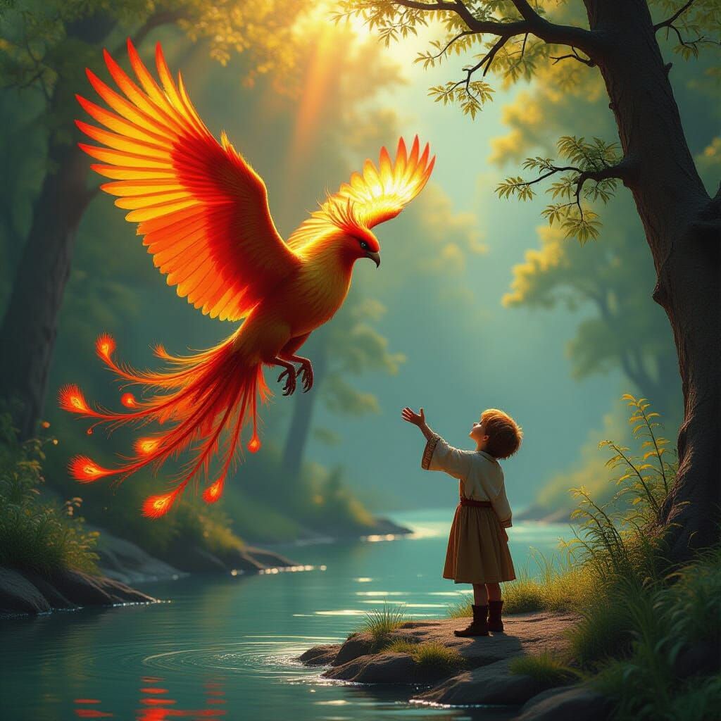 Radiant Firebird Bends to Boy in Fairytale Forest