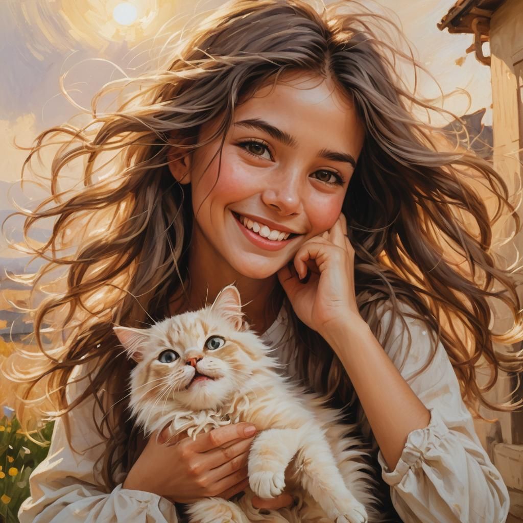 Girl with Cat in Whimsical Pixar Style