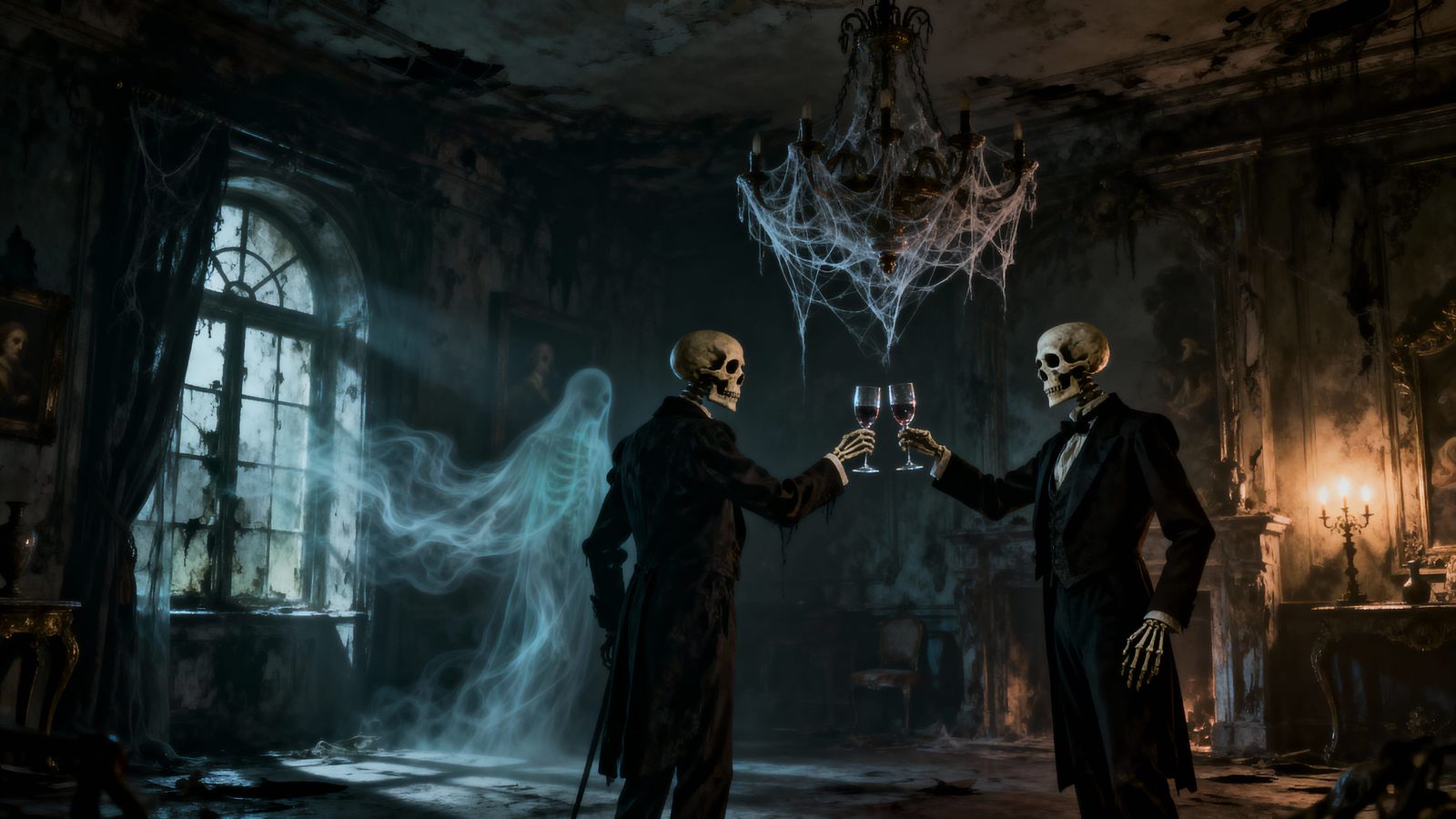 Victorian Skeletons Toasting in Decaying Gothic Ballroom