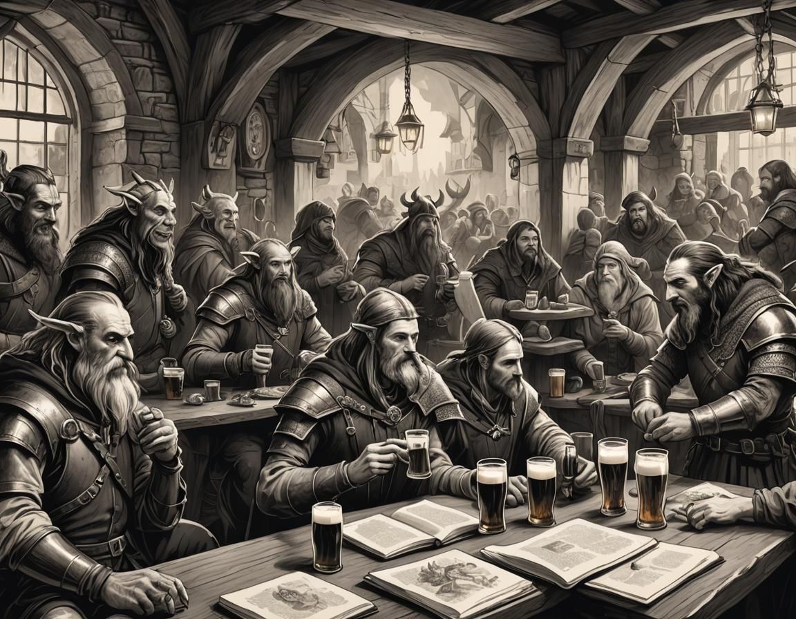 Creatures Drinking Beer in Fantasy Tavern Sketch
