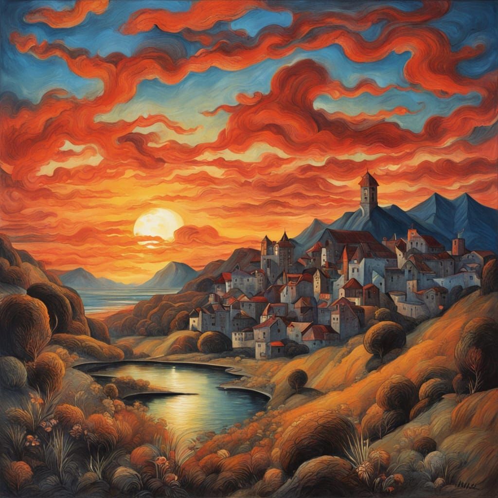 Otto Dix Style Sunset Over Mountain Landscape