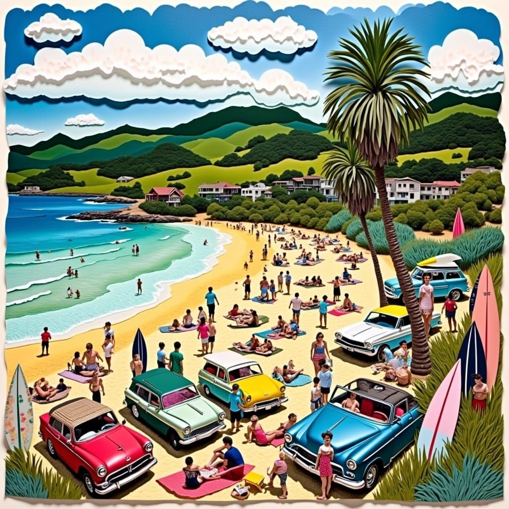 Coromandel Peninsula Beach Scene in Collage Style