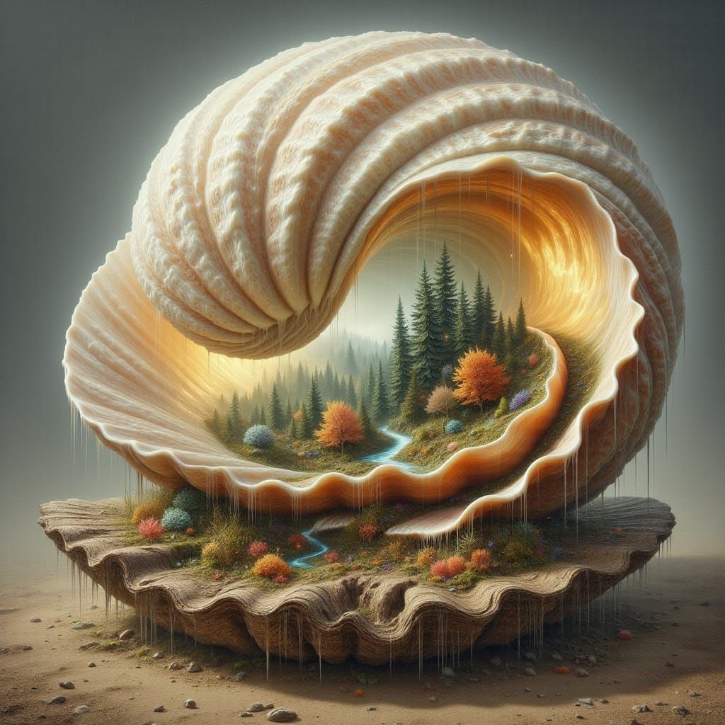 Surreal Seashell World with Shifting Landscapes