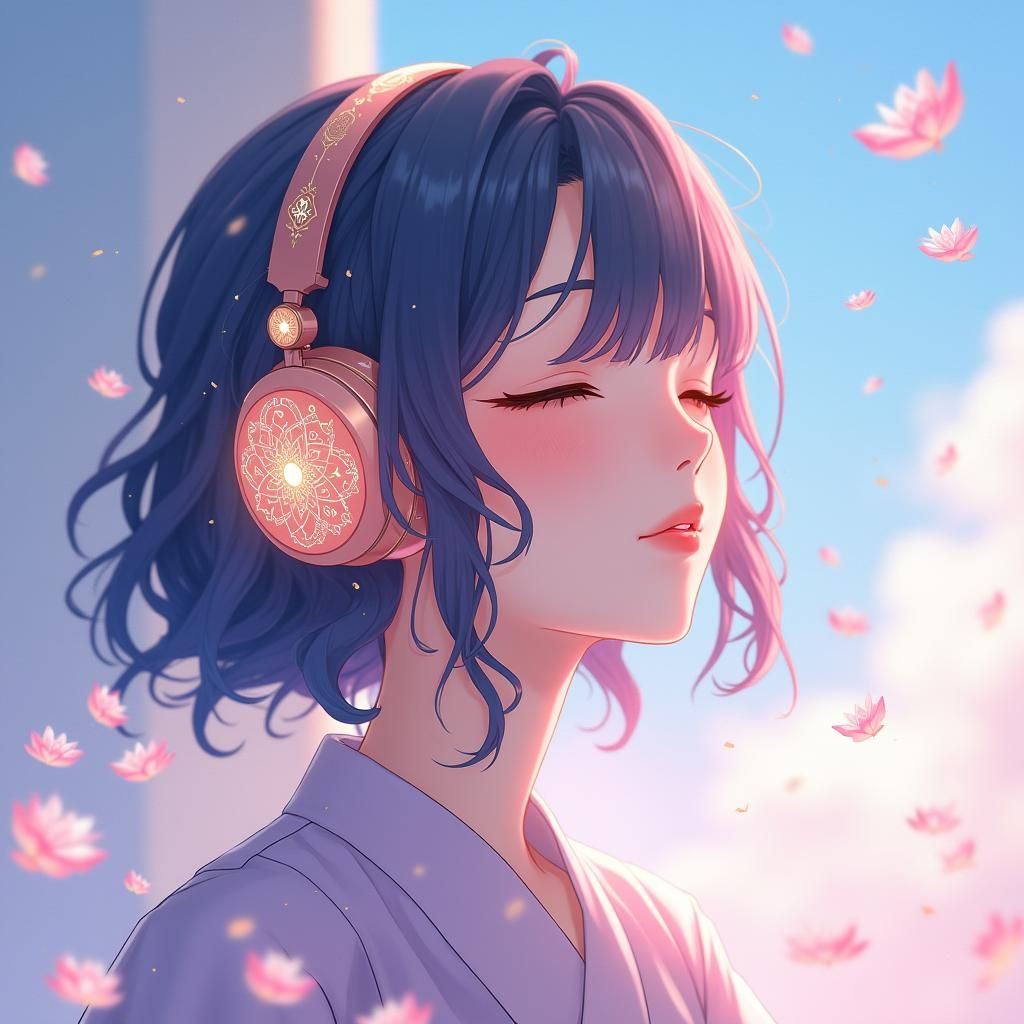 Anime Woman Listening to Music in 3D Style