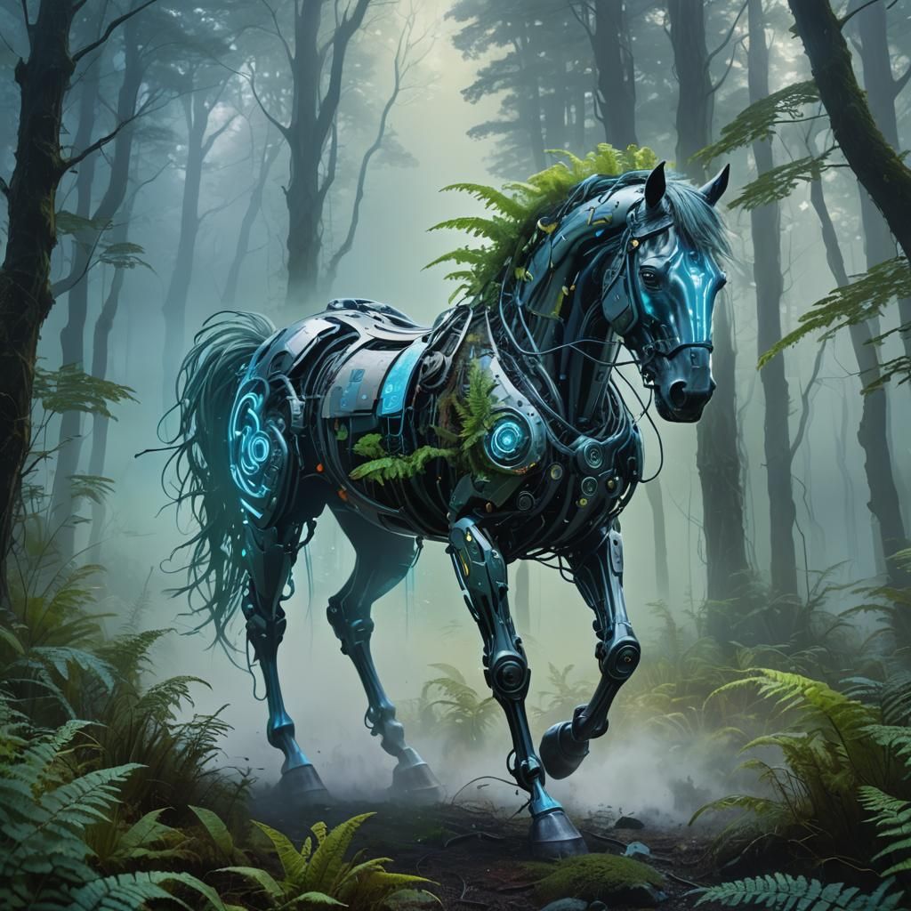 Cyborg Horse in Foggy Forest: Triadic Color Oil Painting