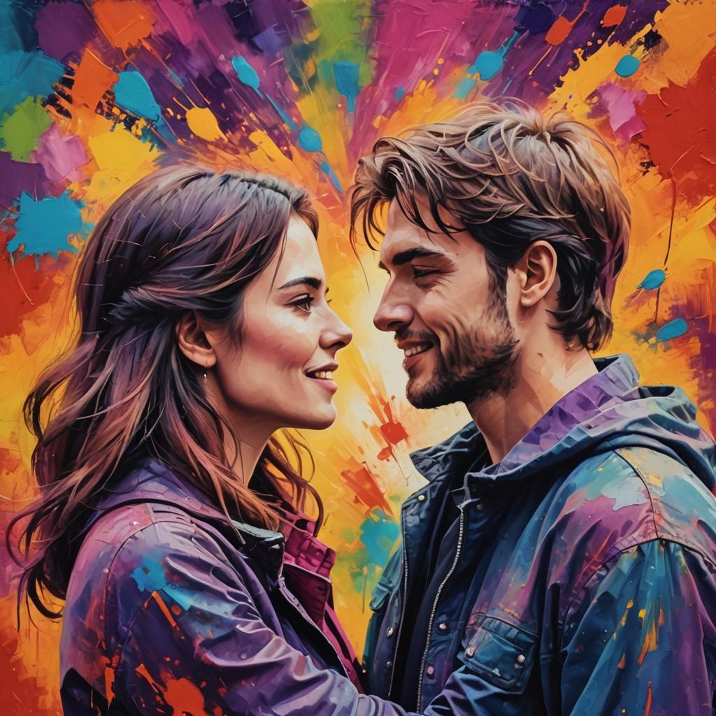Passionate Couple's Loving Gaze with Paint Effects