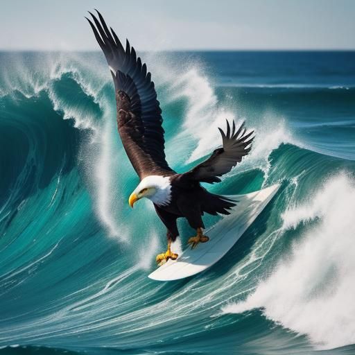 Bald Eagle Surfing a Wave in Surreal Style